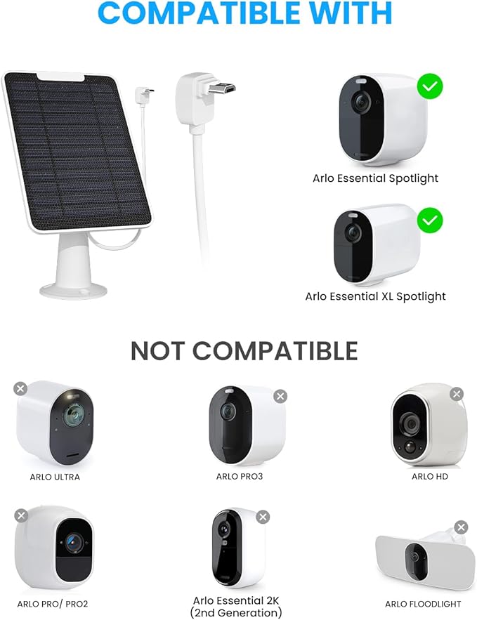 5W Arlo Solar Panel Charger Compatible with Arlo Essential Spotlight/XL Spotlight Camera, Arlo Essential Solar Panel Charger w/ 10ft Waterproof Micro USB Charging Cable, Adjustable Wall Mount, 2 Pack FOHOA