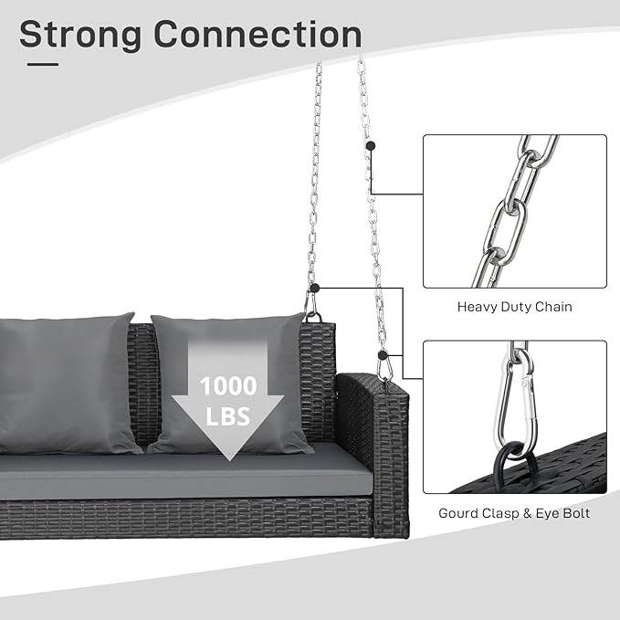Outvita Porch Swing, 5FT Hanging Outdoor Porch Swings for Adults, Wicker 3 Person Patio Swing, with Cushion, Pillow and Chain for Garden, Backyard, Weight Capacity - 1000lbs Outvita