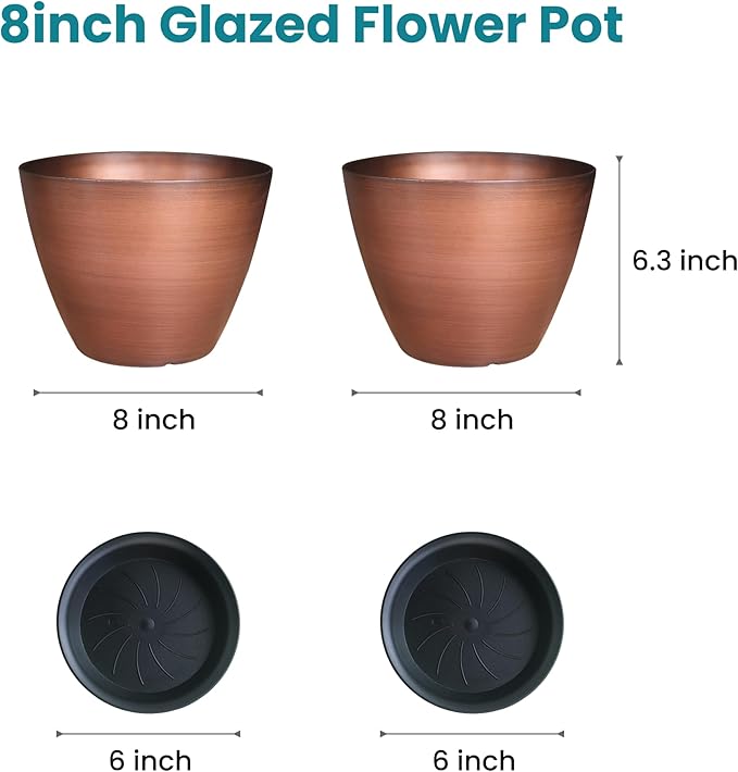 2 Pack Plastic Plant Pots with Drainage Holes, 8 inch Planter for Indoor Outdoor Plant, Garden Flower Pots for Aloe, Herbs, Cactus (Brushed Copper, 2pcs) Vanslogreen
