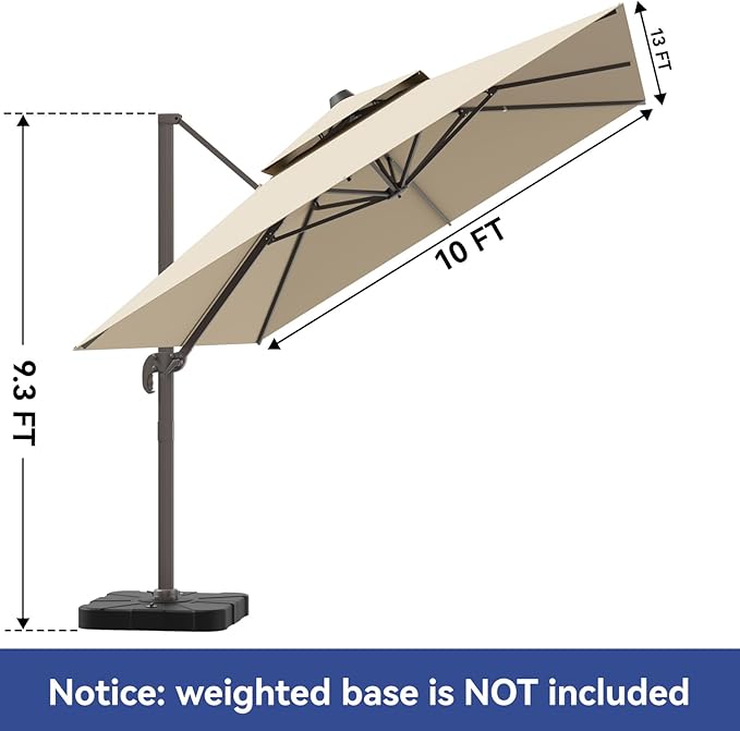 10x13FT Cantilever Outdoor Patio Umbrellas, Double Top Large Rectangle Umbrella, Heavy Duty 360° Rotation Offset Outdoor Sun Shade Umbrella for Garden Deck Pool Backyard Patio, Beige ZLACUIU
