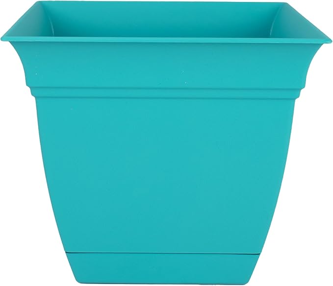 The HC Companies Eclipse Square Plastic Planter w/Attached Saucer - Outdoor & Indoor Plant Pot with Drainage Holes - Lightweight, UV-Resistant Plastic Pots for Plants (10" Teal, Pack of 1) TheHCCompanies