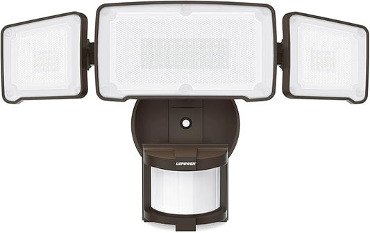 LEPOWER LED Security Light Motion Sensor Light Outdoor, 38W 4200LM Motion Security Light, 5500K, IP65 Waterproof, 3 Head Motion Detected Flood Light for Garage, Yard, Porch (Brown) LEPOWER