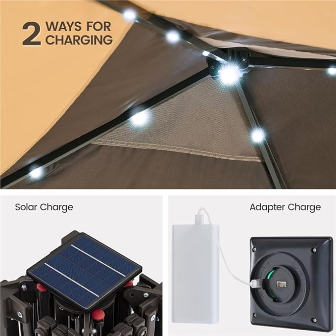 Yaheetech 11'x11' Pop Up Gazebo Instant Tent with 17 Solar LED Lights & Zippered Mesh Netting, Outdoor Shelter Sun Shade Gazebo with Sandbags for Backyard Garden Patio, Khaki & Brown Yaheetech