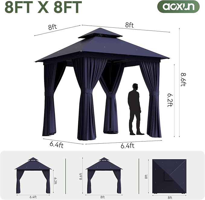Aoxun Outdoor Gazebo for Patio 8x8 Metal Frame Canopy with Double Roofs Heavy Duty Party Tent and Shelter with Mosquito Netting and Privacy Screen for Backyard, Lawn, Garden, Deck (Navy Blue) Aoxun