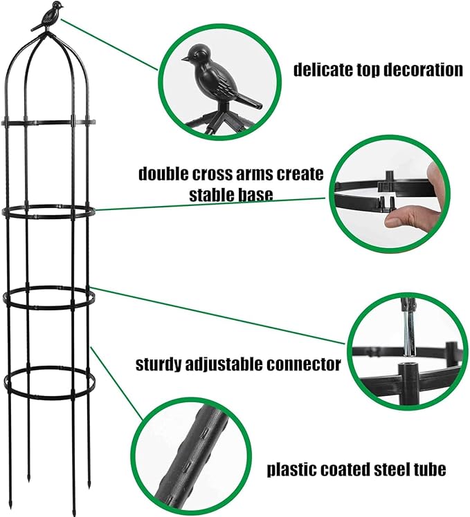 4-Pack 6FT Garden Obelisk Trellis for Climbing Plants,70”Metal Plant Support Tower, Heavy Duty Thickened Tube,Rustproof Black Flower Stand for Vines, Roses, Outdoor & Indoor Use TCBWFY