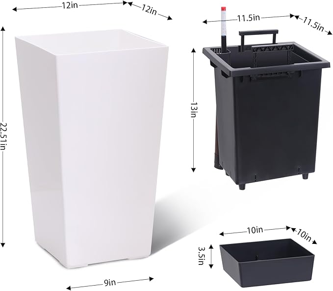 Garvee 22.5" Tall Planters Set of 2, Outdoor＆Indoor Black Planter Pots, High Front Porch Planter Pots with Drainage Holes＆Water Level Monitor＆Inner Bucket,White Garvee