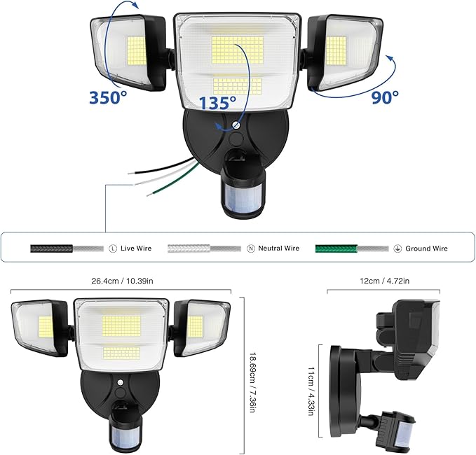 Onforu 90W 10000LM LED Motion Sensor Outdoor Lights, 4-Head Dusk to Dawn Outdoor Lighting, Hardwired Flood Lights, IP66 Waterproof 6500K Security Floodlight for Outside (Black) Onforu