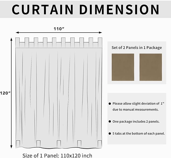 Easy-Going Outdoor Patio Curtains Detachable Tab Top Windproof Weatherproof Curtain for Cabana, Porch, Pergola and Gazebo, Tab Bottom Drape, 2 Panels, 110W x 120L inch, Khaki Easy-Going