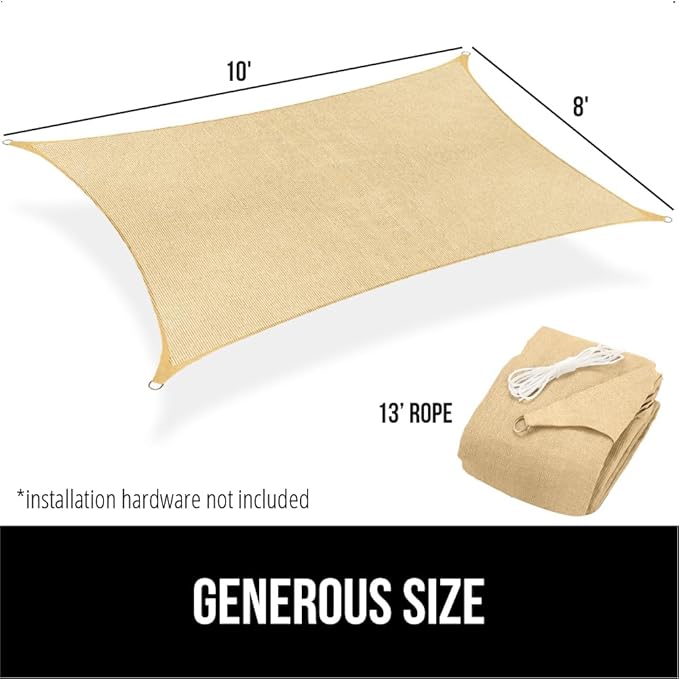 GORILLA GRIP Heavy Duty Sun Shade, UV Protection Fade Tear and Rust Resistant Rectangle Sunshade Canopy, Curved Edges Blocks Sunlight, Breathable Sail, Outdoor Patio, Lawn Garden, 8x10 FT Sand GorillaGrip