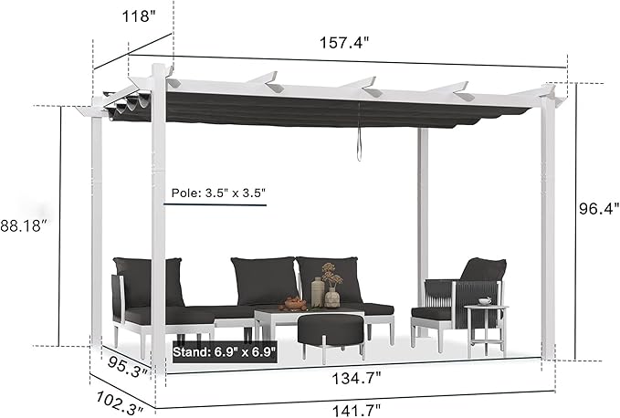 PURPLE LEAF 10' x 13' Aluminum Outdoor Pergola White Wind-Resistant Retractable Pergola with Double Sun Shade Canopy Heavy-Duty Metal Pergola for Patios Backyard Deck Garden, Grey Rootora