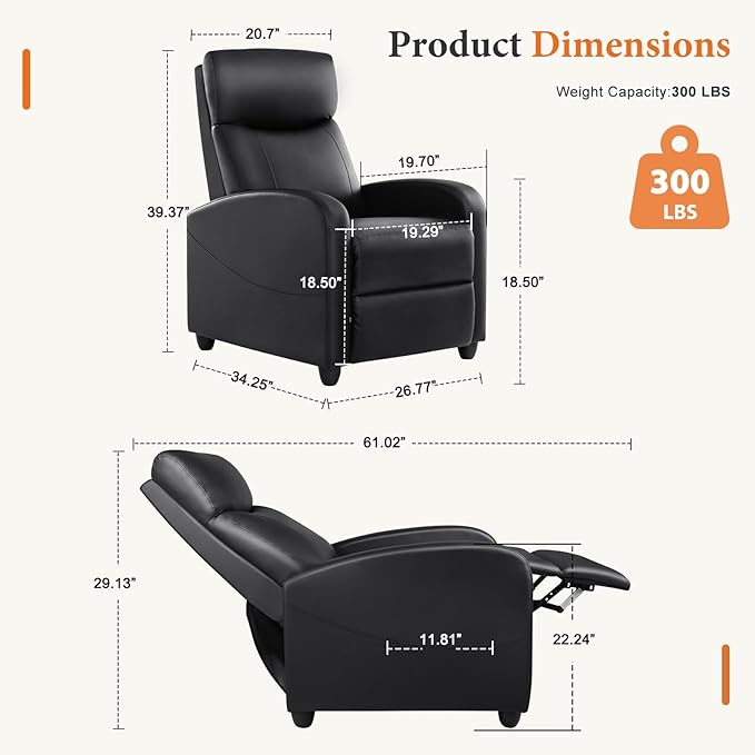Sweetcrispy Recliner Chair PU Leather Recliner Sofa No Massage, Home Theater Seating with Lumbar Support, Adjustable Push Back Overstuffed High-Density Sponge Reclining for Living Room, Black Sweetcrispy