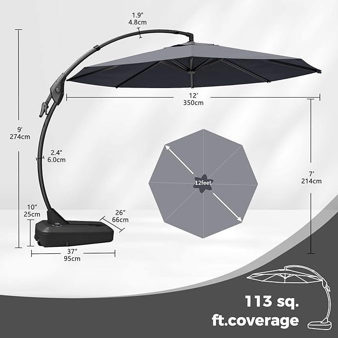 Grand patio 12 FT Sunbrella Cantilever Umbrella with Base Outdoor Aluminum Offset Umbrella with Tilt Adjustment (Charcoal, 12 FT-SUNBRELLA) GrandPatio