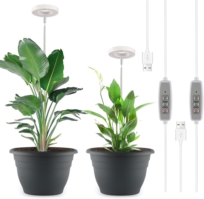 2 Pack 11 Inch Plant Pots with LED Grow Lights,Grey Indoor Flower Pots with Full Spectrum Dimmable Grow Lights,Drainage Holes & Plug,Soil Moisture Meter Included RooTrimmer