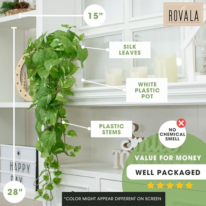 ROVALA Silk Plants for Home Decor Indoor in Pot Realistic Artificial Plants Fake Hanging Plants Faux Plants Indoor Fake Potted Plants Fake Plants for Shelves Bathroom Plants, Fake Pothos (Light Green) ROVALA