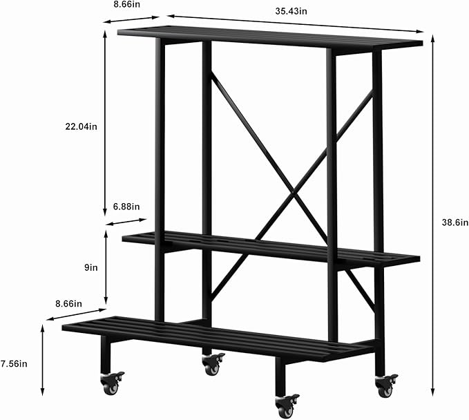 Zhongma 3 Tier Metal Heary Duty Plant Stand with Wheels, 35.43 L x 17.5 W x 38.6H . Space saving Plant Stand Zhongma