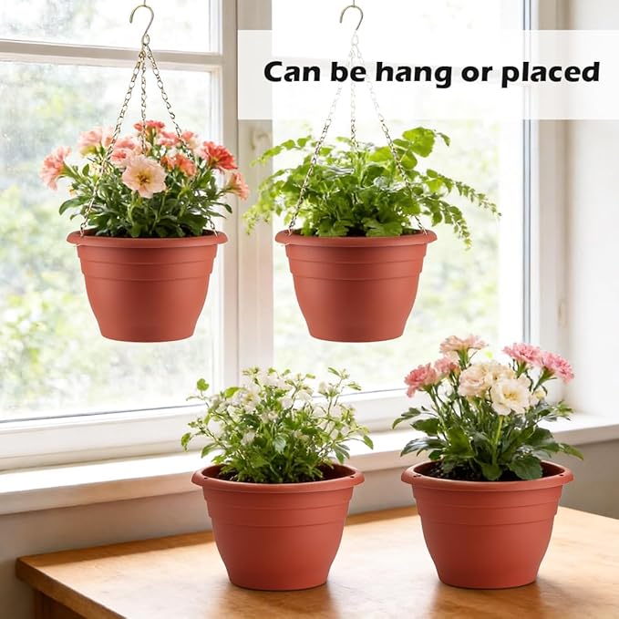Hanging Planters 10 Inch, 4 Pcs Flower Pots with Drainage Hole, Self Watering Hanging Basket for Indoor Outdoor Plants, Decor, Pottery Red RooTrimmer