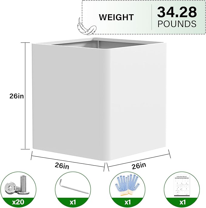 Large Outdoor Planter 26" L x 26" W x 26" H,Metal Square Planter for Outdoor Plants,Heavy Duty Modern Flower Plant Pot for Porch/Patio/Garden Gardenaire