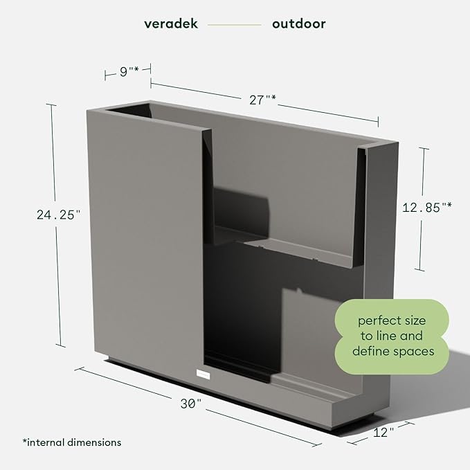 Veradek Block Series Span Plastic Planter - Tall Rectangular Planter for Indoor or Outdoor Patio/Porch, Gray, 24.25 in Height, 12 in Width, 30 in Length VeradekOutdoor