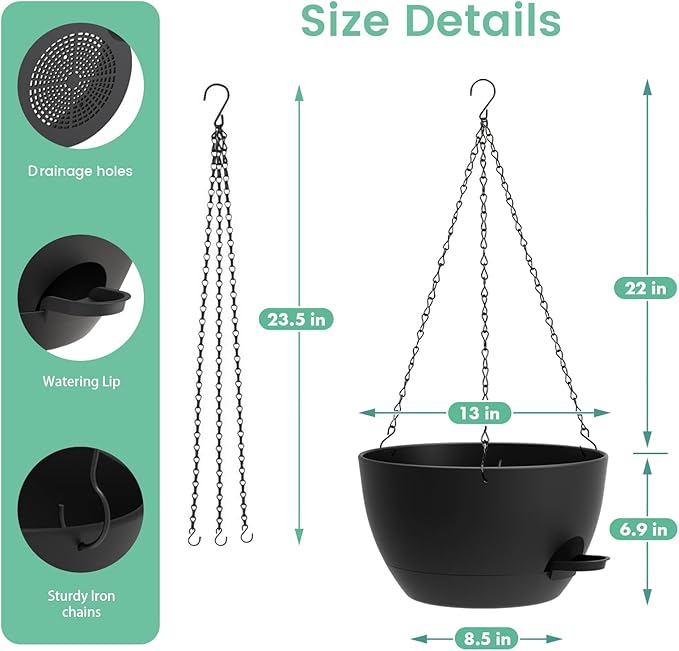 13 Inch 2 Pack Large Self Watering Hanging Planters for Indoor Outdoor Plants, Hanging Plant Pots with Removable 50 Oz Reservoir, Plastic Hanging Basket for Window Porch Garden Balcony, Black UOUZ