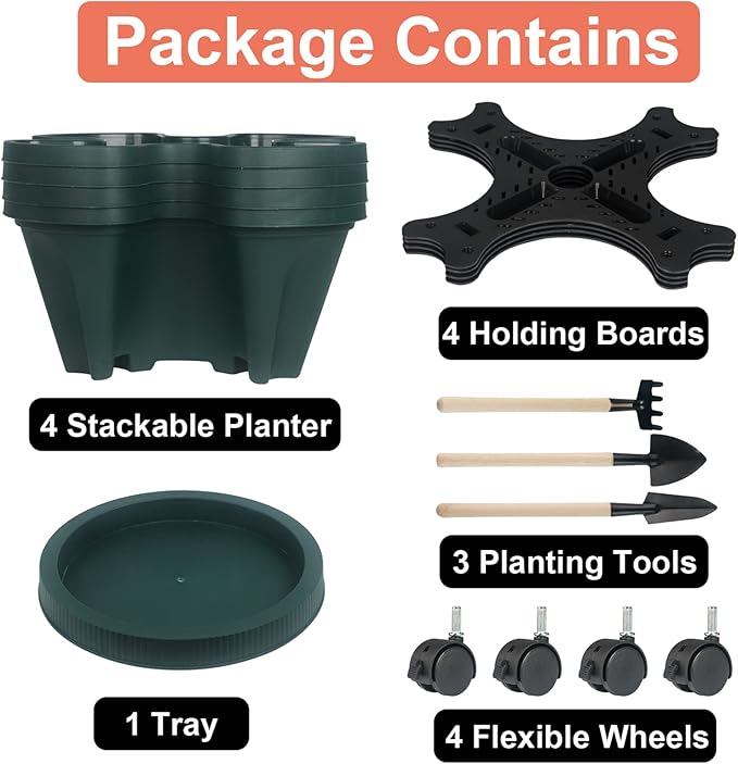 DUNCHATY Stackable Planter, Vertical Garden Planter with Wheels and Tools, Self Watering Strawberry Planter Indoor/Outdoor 4 Tier Herb Planter Pots for Growing Vegetables and Succulents,Pine Green DUNCHATY