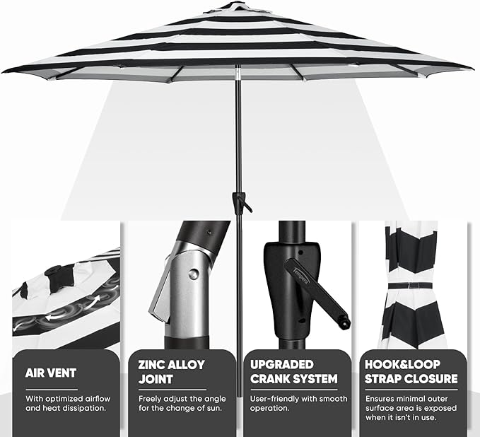 Tempera Patio Market Outdoor Table Umbrella with Auto Tilt and Crank, Large Sun Umbrella with Sturdy Pole & Fade Resistant Canopy, Easy to Set TemperaPatioLife