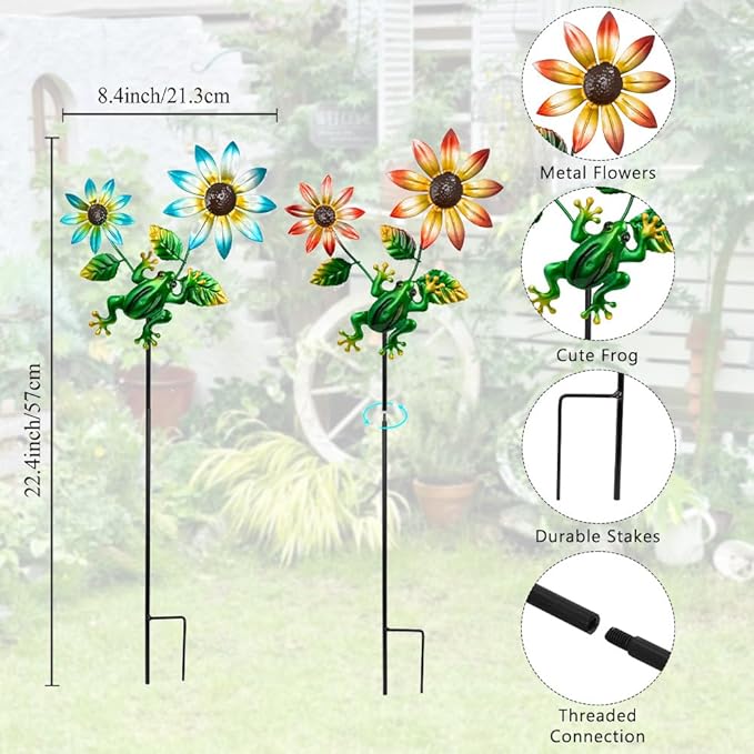3 Pack Frog＆Flowers Garden Stakes Decor,Metal Yard Art Decorative Garden Stakes,Metal Flowers Spring Outdoor Decor for Mom,Women,Grandma SATHGA