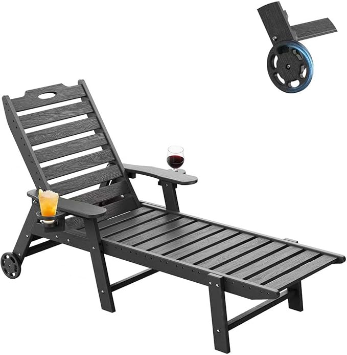 Carauci Lounge Chair Outdoor, HDPE Chaise Lounge with Wheels, 5-Position Adjustable Backrest & 2 Cup Holders Patio Lounge Chair, All-Weather Pool Sun Lounger for Poolside, Backyard, Black Carauci