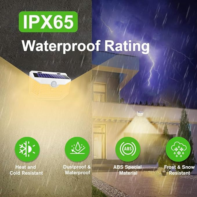 HMCITY 120 LED Solar Lights Outdoor with Motion Sensor and 3 Lighting Modes, IP65 Waterproof Wide Solar Wall Lights Ideal for Garden Patio Yard (Front Button 6Packs, White Shell-Warm White) LightingUpYourLife