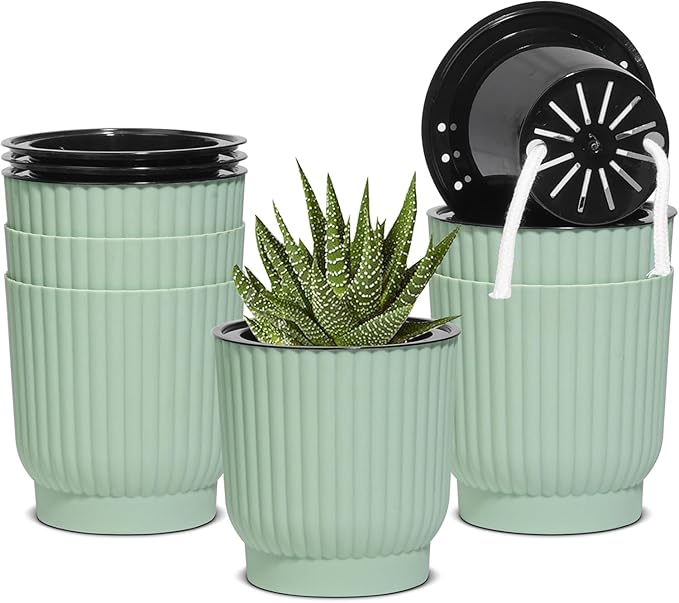 T4U 4 Inch Plant Pots Self Watering, 6 Pack African Violet Pots, Small Plant Pots for Plants, Small Indoor Plant Pot, Self Watering Planter for African Violet, Succulents (6 Pack 4" Pots, Green) T4U