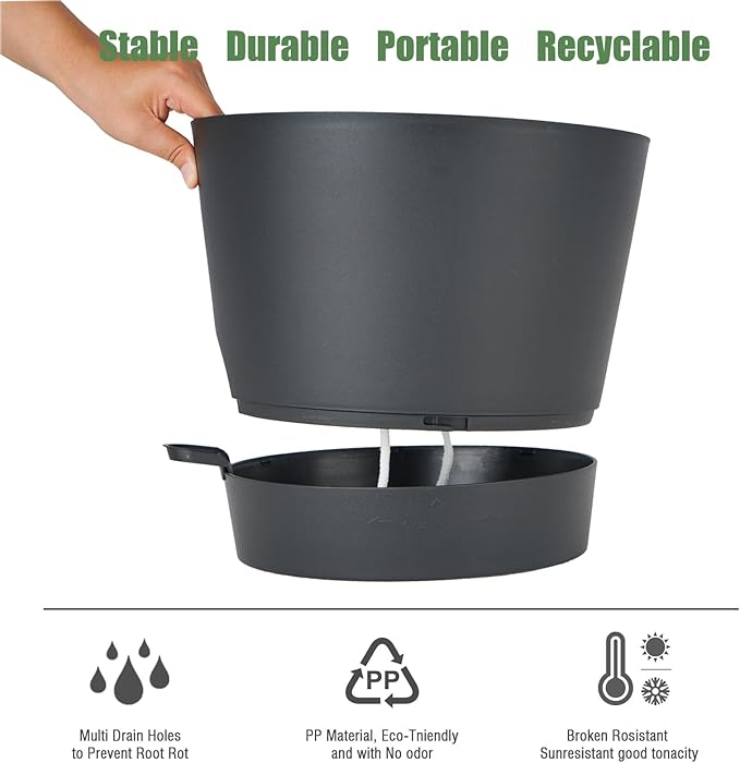 12inch Large Self Watering Plant Pot, Plastic Cylinder Planter with 60Oz Deep Reservoir and Saucer for Indoor Outdoor Plants Flowers Houseplants, Black SwinDuck