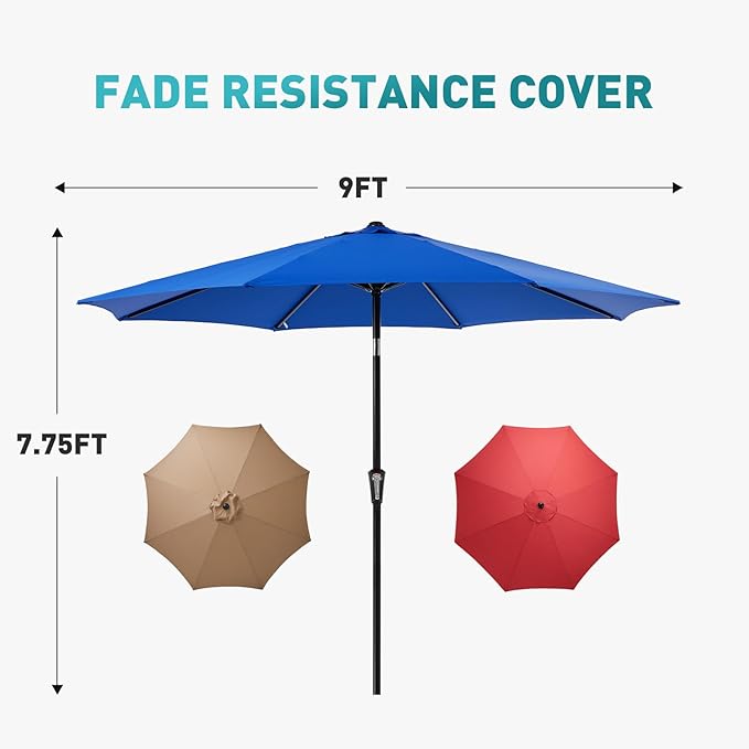 OLIXIS 9ft Patio Umbrella with Tilt and Crank Button & 8 Sturdy Ribs Waterproof, Patio Table Umbrella Perfect for Poolside, Terrace, Beach and Outdoor Restaurant, Blue OLIXIS