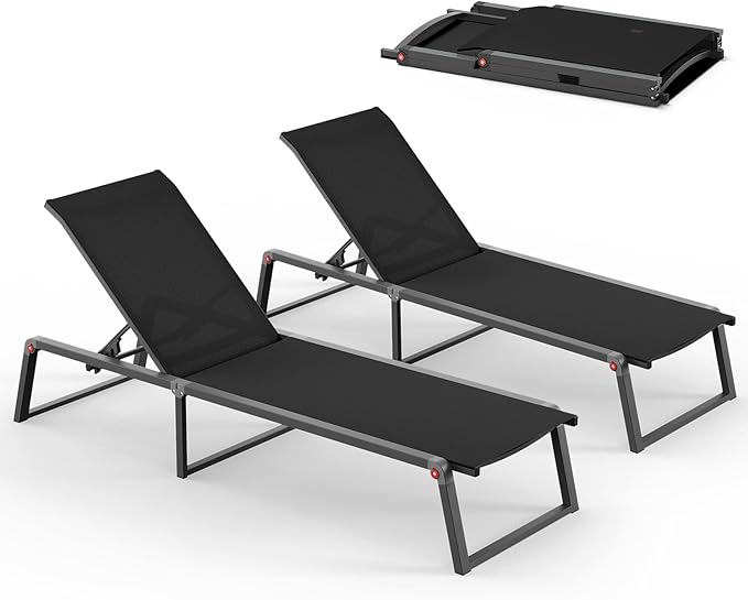 Aluminum Chaise Lounge Outdoor Set of 2, Foldable & Assembly Free Patio Pool Lounge Chairs 5-Position Recliner for Outside Poolside, Fully Grounded Legs Sun Lounger for Beach, Yard, Black Oasbira
