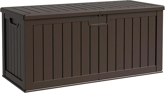 Flamaker Resin Deck Box 250 Gallon, Waterproof Imitation-Wood Lockable Storage Box with Separator Plate Outdoor Indoor, Garden, Patio Furniture for Tools&Pool Accessories (Deep Brown) Flamaker