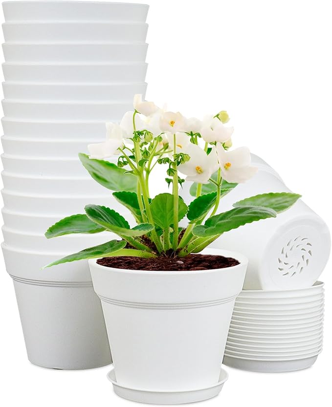 4 inch Small Plastic Nursery Pots, 16 Pack Plant Pots for Indoor Outdoor Plants, Flower Pots with Drainage Holes and Saucers, Decorative Seedling Starter Planters for House Plants, White Meowell