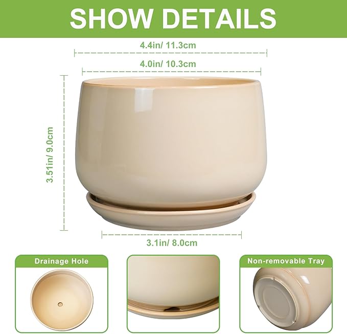 G EPGardening 4 inch Plant Pots - Ceramic Planter with Drainage Hole & Saucer, Small Plant Pots for Indoor Outdoor, Round Succulent Pot, Modern Decorative Flower Pot, Desk Decor, Garden Gifts, Beige GEPGardening
