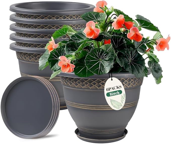 6 Pack 8 Inch Plant Pots, Plastic Flower Pot for Indoor & Outdoor with Drainage Holes & Saucer, Plaid Pattern Planters Garden Pots for Herbs Usocik