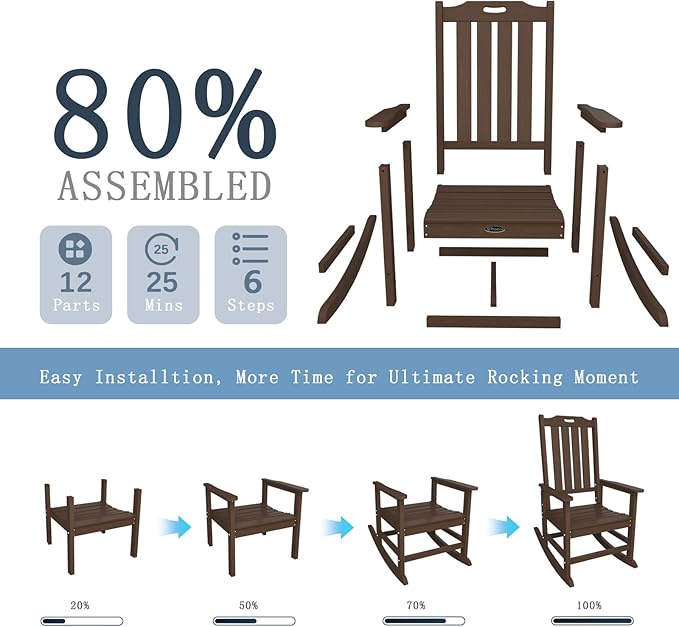Oversized Rocking Chair, Outdoor Rocking Chair for Adults, All Weather Resistant Porch Rocker for Lawn Garden, Brown THOEOE
