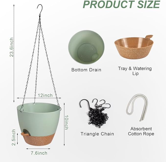 Hanging Planters for Indoor Outdoor Plants, 1 Set Self Watering Hanging Pot with Drainage Holes & Removable Tray (Green-12inch, 12'') Vanslogreen