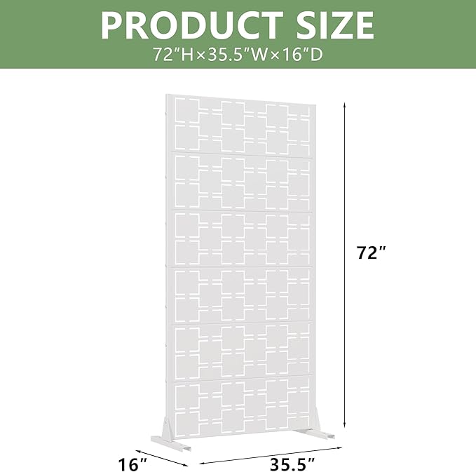 Casaphoria Metal Privacy Screen Outdoor, 72" H x 35" W Freestanding Decorative Privacy Screen for Patio Deck Balcony Garden with Stable Base, White-Square Casaphoria