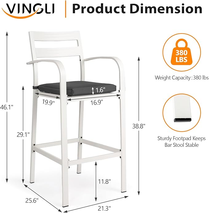 VINGLI Outdoor Bar Stools Set of 2, All-Weather Bar Height Aluminum Stools with 1.6" Thick Cushion, Rust-Proof Patio Chairs for Backyard, Poolside, Balcony & Kitchen Island (White) VINGLI
