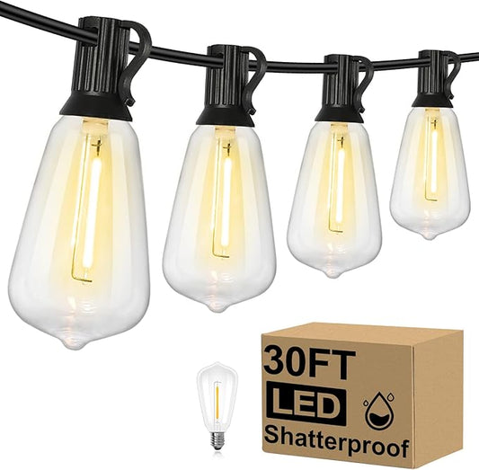 Brightever 30FT LED Outdoor String Light with 16 ST38 Vintage Edison Shatterproof Bulbs, Commercial Grade Patio Lights Connectable, Waterproof Hanging Lights for Balcony, Backyard, Warm White Brightever