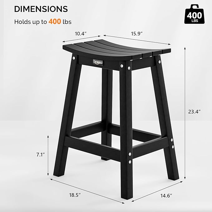 VINGLI 24 Inch Outdoor Bar Stools Set of 2, HDPE Weather Resistance Counter Height Bar Stools Durable Heavy Duty Patio Chairs for Bar Deck Balcony Kitchen Counter and Yard (Black, 24 Inch 2PC) VINGLI