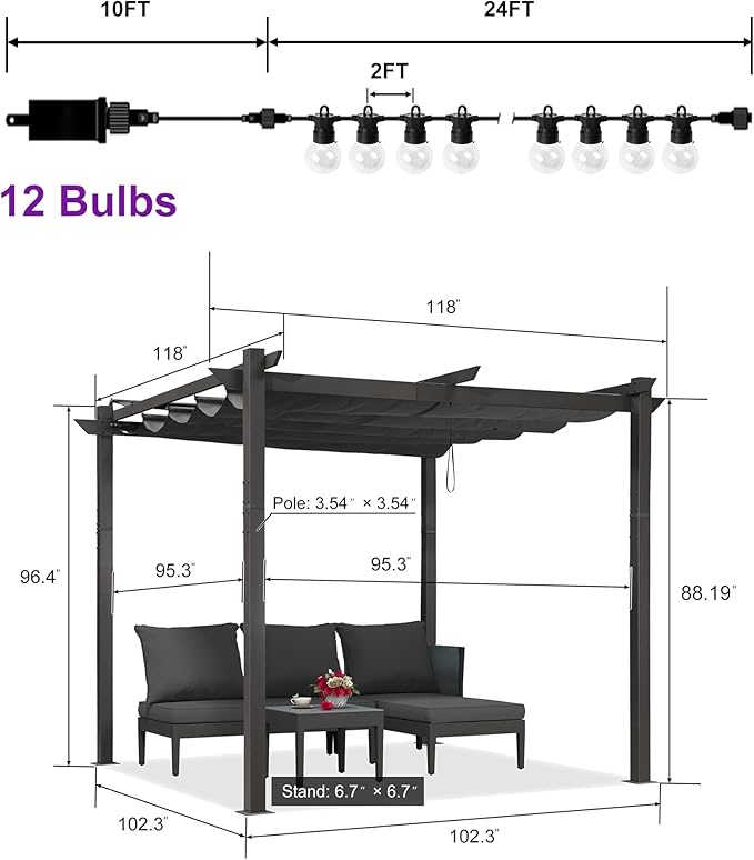 PURPLE LEAF 10' x 10' Aluminum Outdoor Pergola Modern Grape Trellis Retractable Pergola with Double Sun Shade Canopy Metal Pergola with Light for Patios Backyard Deck Garden, Grey Rootora