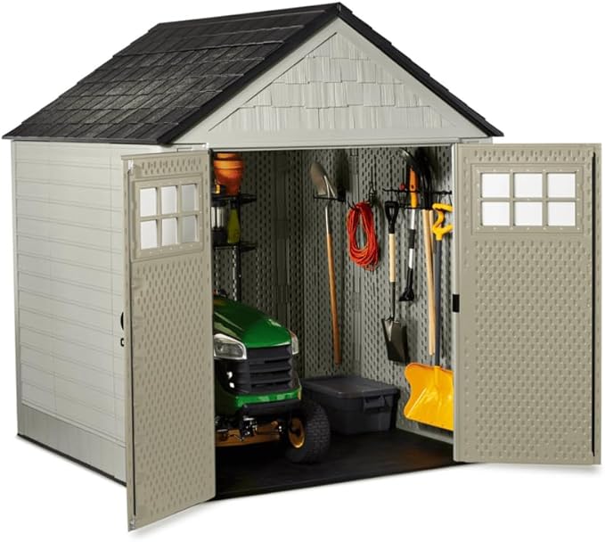Rubbermaid 7 Foot by 7 Foot Weatherproof Outdoor Storage Shed for Garden Tools and Lawn Machinery Organization with Lockable Double Door Sandstone Rubbermaid