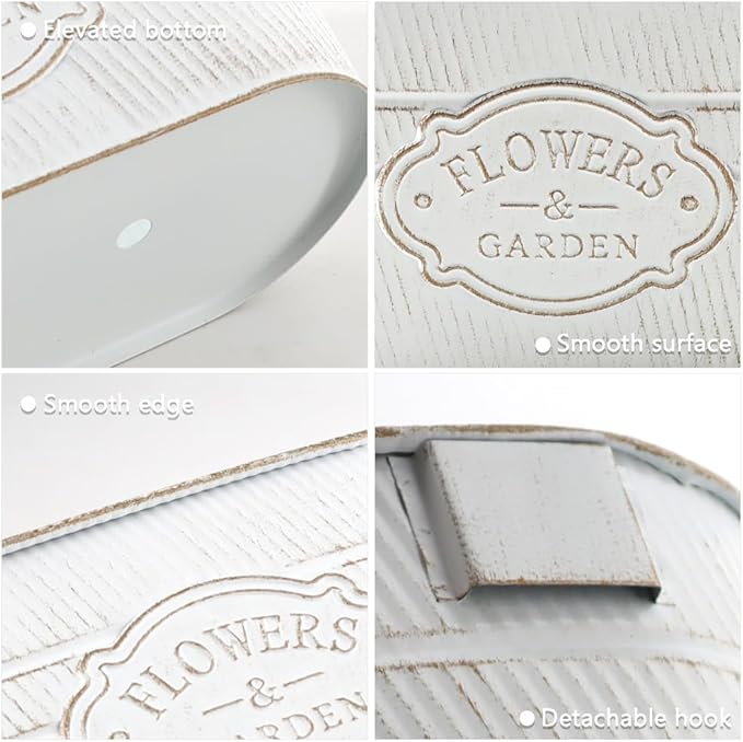 3 Pack Metal Railing Planters, 10.5" Oval Hanging Flower Pots with Detachable Hooks & Drainage Holes, Fits Rails up to 2.36", Galvanized Iron Fence Bucket for Balcony Garden Patio - Letter White MeltsetM