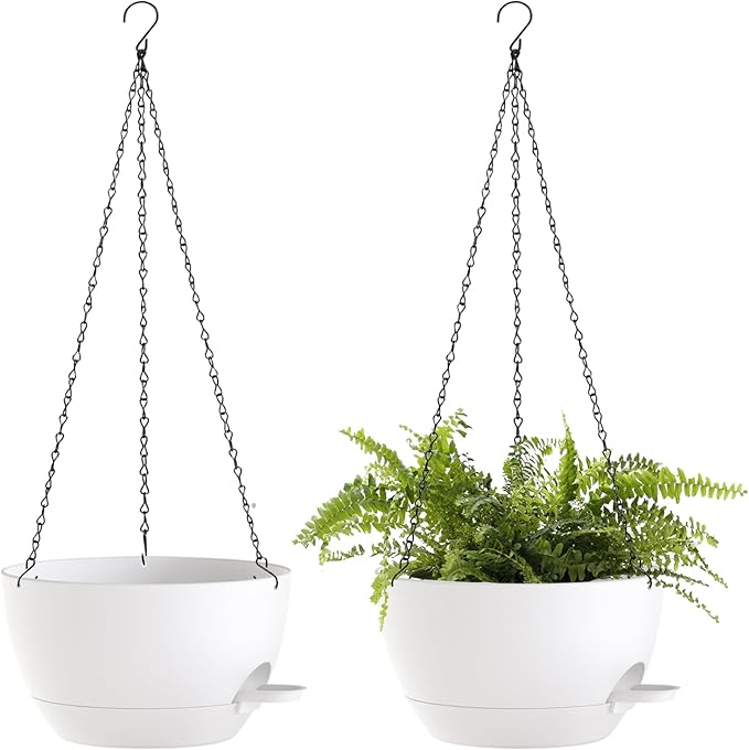 12 Inch Hanging Baskets 2 PC with Chains, Self-Watering Hanging Planters for Indoor Outdoor Plants, Plastic Hanging Flower Pots,White SQKH