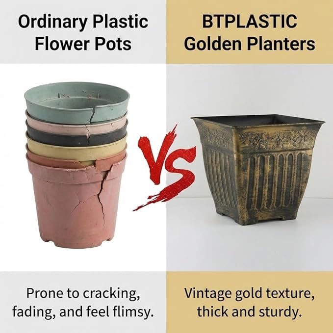 14 Inch Vintage Square Planter - 4 Pack Heavy Duty Antique Gold Plastic Flower Pot with Drainage & Raised Base, Retro Distressed Style Plant Container for Outdoor Patio, Porch, Indoor (7 Gallon) BTPLASTIK