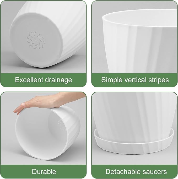 7 pcs Plant Pots with Drainage Holes and Saucers, Indoor Planters, Set of 7 (7.5, 7, 6.5, 6, 5.5, 4.5, 3.5 Inches), White AFamilyofGardenLovers