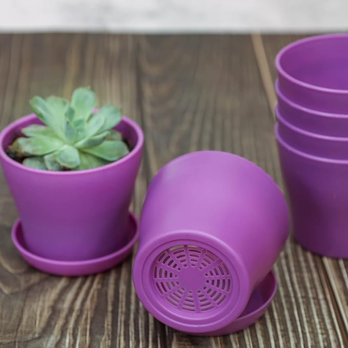 TDHDIKE 10 Pcs Plastic Planters Indoor Flower Plant Pots, Mini Flower Seedlings Nursery Pot/Planter/Flower Pot with Pallet, Modern Decorative Gardening Containers (Purple) TDHDIKE