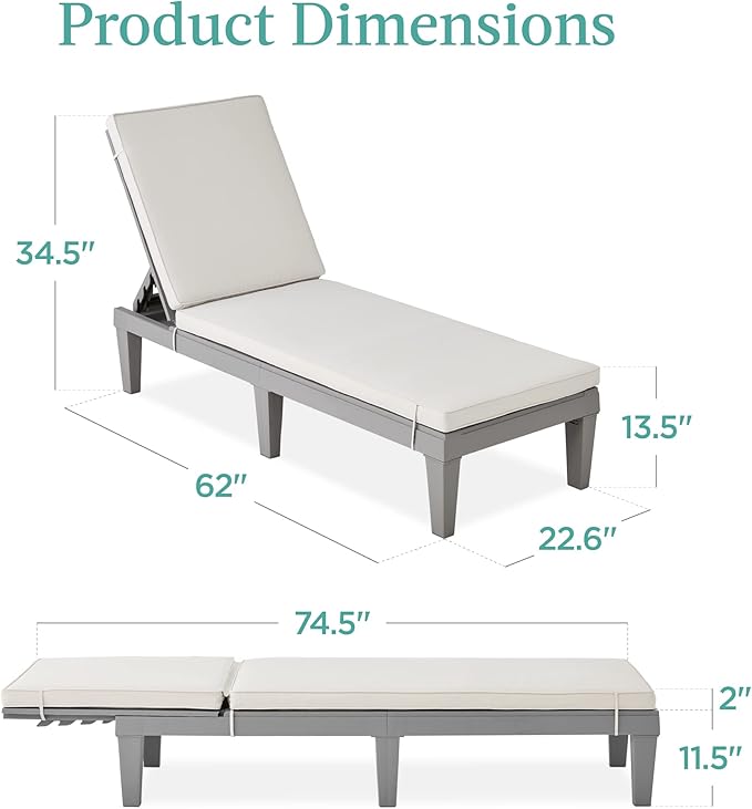 Best Choice Products Outdoor Lounge Chair, Resin Patio Chaise Lounger for Poolside, Backyard, Porch w/Seat Cushion, Adjustable Backrest, 5 Positions, 330lb Capacity - Gray/White Sand BestChoiceProducts